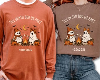 Custom Halloween Wedding Shirt, Personalized Halloween Couple Comfort Colors Shirt, Wedding Date Tee, Spooky Engagement Shirt