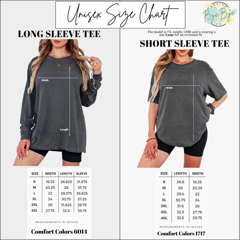 May include: A unisex size chart for Comfort Colors 6014 long sleeve and 1717 short sleeve tees. The chart displays width, length, and sleeve measurements in inches for sizes S to 4XL, featuring visual guides on two charcoal grey t-shirts.