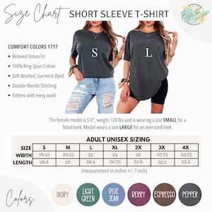 May include: A size chart for a short sleeve t-shirt, with measurements in inches. The chart includes sizes S to 4X, with width and length dimensions. The image also shows the shirt in two sizes, S and L, and color options.