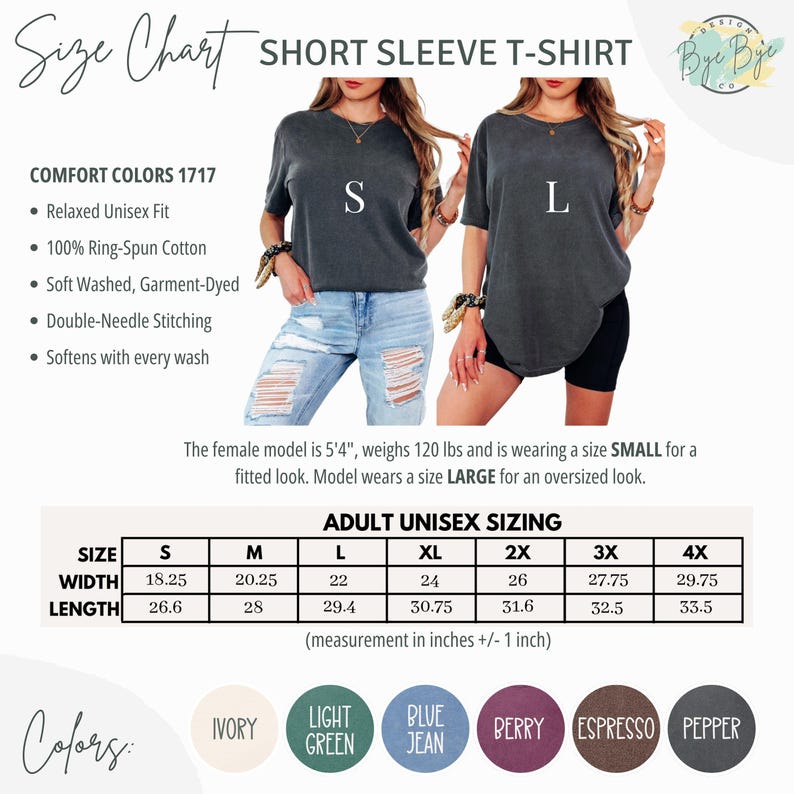 May include: A size chart for a short sleeve t-shirt, with measurements in inches. The chart includes sizes S to 4X, with width and length dimensions. The image also shows the shirt in two sizes, S and L, and color options.