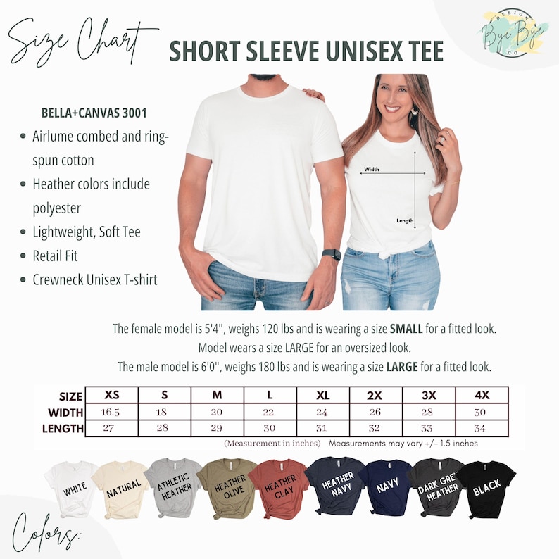Pu&ograve; includere: T-shirt unisex a maniche corte bianco con tabella taglie e opzioni colore. La tabella taglie mostra le misure in pollici, con una larghezza da 41,9 a 76,2 cm e una lunghezza da 68,6 a 86,4 cm. Le opzioni colore includono bianco, naturale e heather.