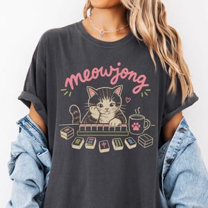 Cute Mahjong Cat Shirt, Mahjong Lover Gift, Cat Lover Tee, Funny Mah Jongg Shirt, Cozy Comfort Colors Graphic Tee, Gift For Her image 1