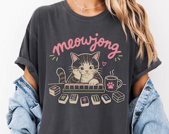 Cute Mahjong Cat Shirt, Mahjong Lover Gift, Cat Lover Tee, Funny Mah Jongg Shirt, Cozy Comfort Colors Graphic Tee, Gift For Her