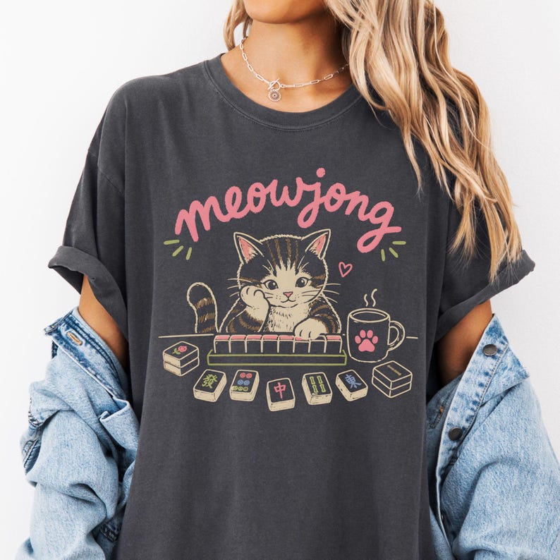 Cute Mahjong Cat Shirt, Mahjong Lover Gift, Cat Lover Tee, Funny Mah Jongg Shirt, Cozy Comfort Colors Graphic Tee, Gift For Her image 1