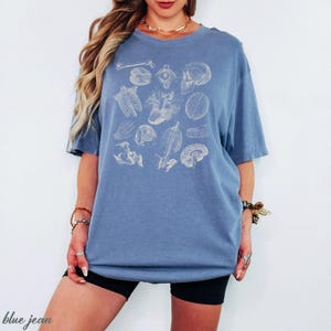 May include: A blue t-shirt with a cream-coloured anatomical illustration of human organs and bones. The design includes the brain, heart, and skull. The shirt is a relaxed fit. The words "blue jean" are at the bottom left.
