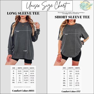 May include: Unisex size chart for long and short sleeve tees. The chart includes measurements in inches for sizes S to 3XL for long sleeve tees and S to 4XL for short sleeve tees. The model is 5'4", weighs 120lb, and wears a Large for an oversized fit.