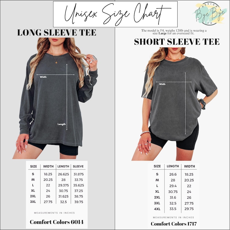 May include: Unisex size chart for long and short sleeve tees. The chart includes measurements in inches for sizes S to 3XL for long sleeve tees and S to 4XL for short sleeve tees. The model is 5'4", weighs 120lb, and wears a Large for an oversized fit.