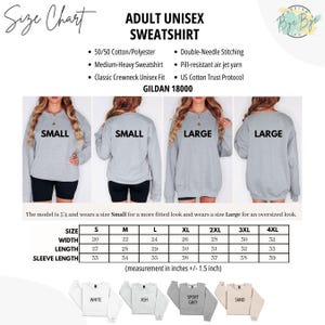 May include: Size chart for an adult unisex sweatshirt. The chart includes measurements for sizes S to 4XL, with width ranging from 20 to 32 inches, length from 27 to 33 inches, and sleeve length from 33 to 39 inches. The sweatshirt is available in white, ash, sport grey, and sand.