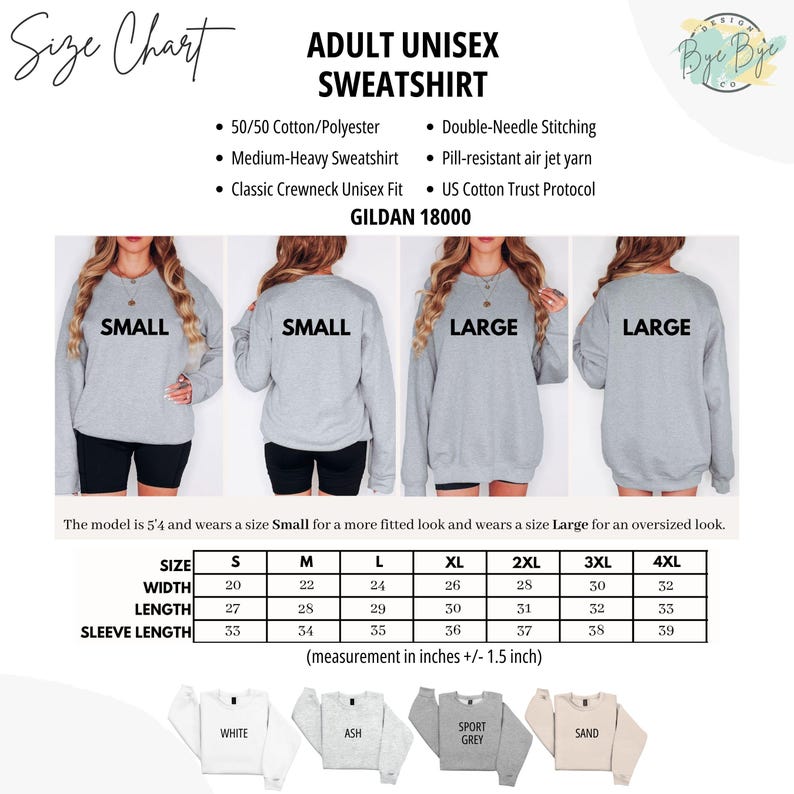 May include: Size chart for an adult unisex sweatshirt. The chart includes measurements for sizes S to 4XL, with width ranging from 20 to 32 inches, length from 27 to 33 inches, and sleeve length from 33 to 39 inches. The sweatshirt is available in white, ash, sport grey, and sand.