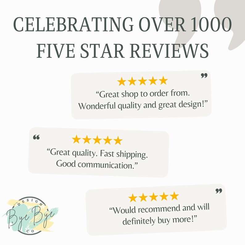 May include: A graphic display featuring the text CELEBRATING OVER 1000 FIVE STAR REVIEWS. Three white rectangular speech bubbles contain five yellow stars and customer testimonials: Great shop to order from, Great quality, and Would recommend.