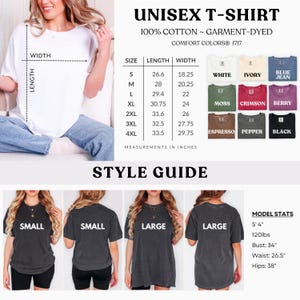 May include: A Comfort Colors 1717 unisex t-shirt style guide featuring a white cotton shirt, a size chart with measurements in inches, and a color palette including white, ivory, blue jean, moss, crimson, berry, espresso, pepper, and black.