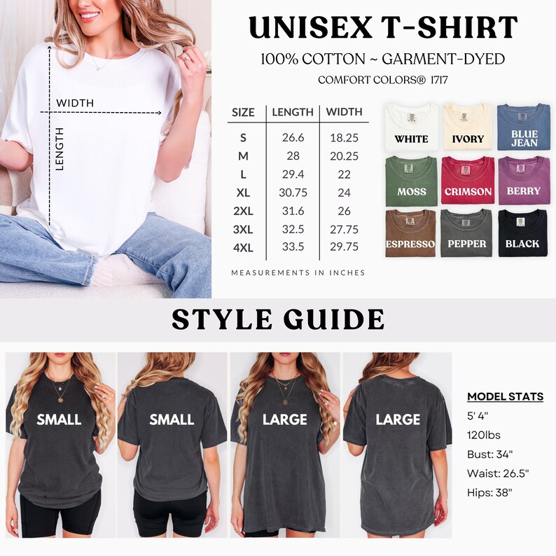 May include: A Comfort Colors 1717 unisex t-shirt style guide featuring a white cotton shirt, a size chart with measurements in inches, and a color palette including white, ivory, blue jean, moss, crimson, berry, espresso, pepper, and black.