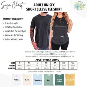 May include: Adult unisex short sleeve tee shirt size chart with measurements in inches. Features a relaxed fit, ring-spun cotton, and garment-dyed fabric. Available in sizes S-4X and colors white, ivory, chambray, bay, light green, and mustard.