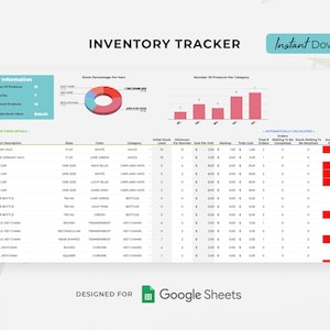 May include: A Google Sheets spreadsheet template for inventory tracking. The spreadsheet includes key information such as the number of products, categories, low stock products, and available stock value. The spreadsheet also includes a product description section, a stock percentage per item section, and a number of products per category section. The spreadsheet is designed for use with Google Sheets.