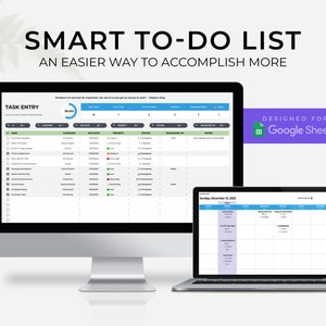 May include: A screenshot of a computer screen displaying a Google Sheet template for a to-do list. The template is designed to help users organise and manage their tasks. The sheet includes columns for task name, category, due date, priority, status, delegated to, notes, and more. The sheet also includes a progress bar that shows the percentage of tasks completed. The text "SMART TO-DO LIST" and "AN EASIER WAY TO ACCOMPLISH MORE" is displayed at the top of the screen. The text "DESIGNED FOR Google Sheets" is displayed in a purple box at the top right of the screen.