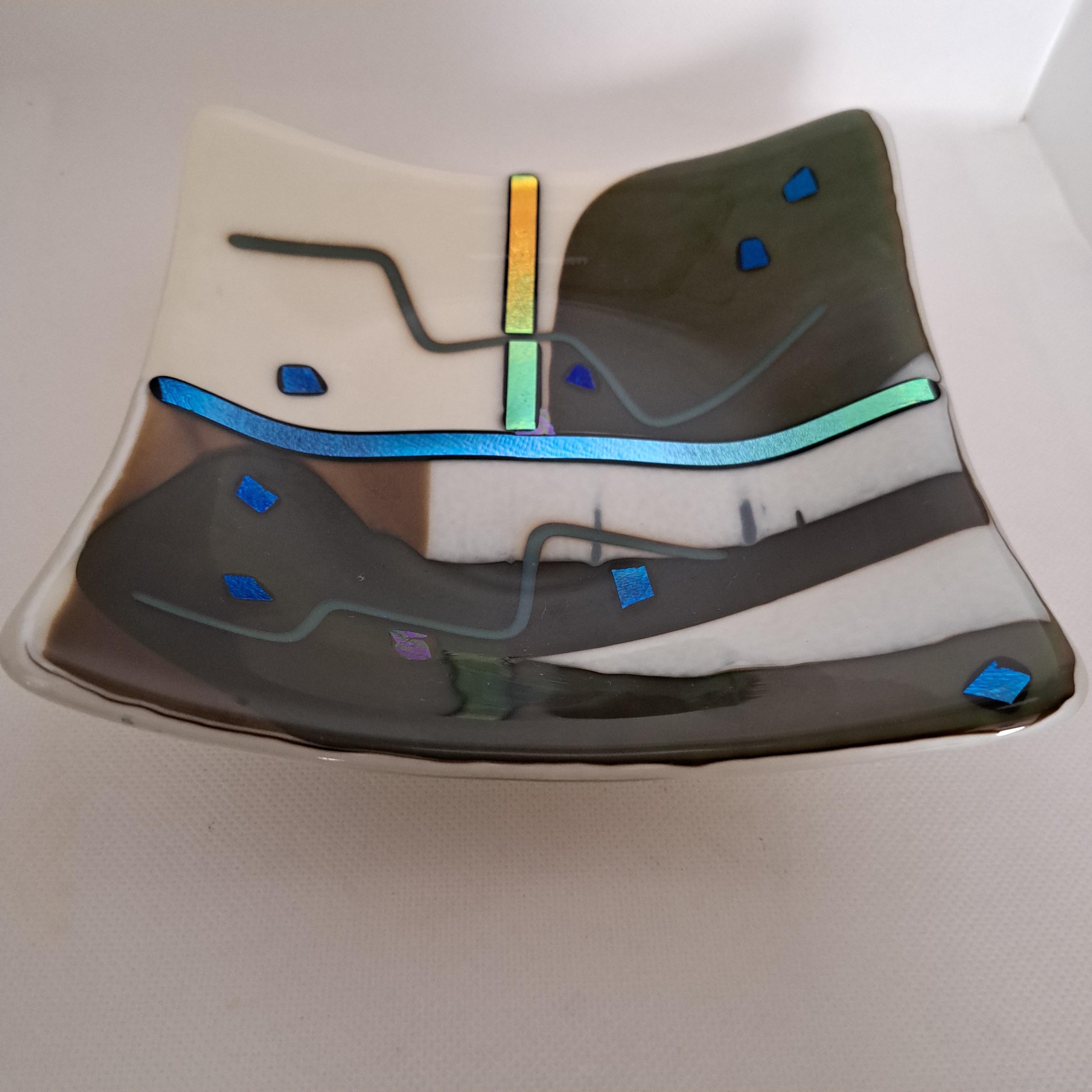 Fused Glass Art Tray – Dichroic Glass, Signed Decorative  display picture 3
