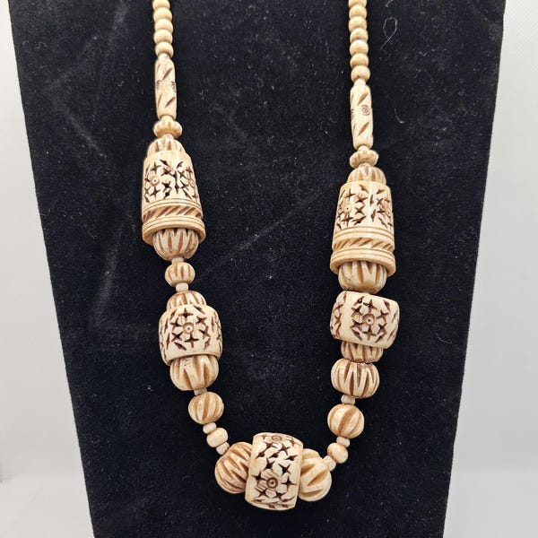 Vintage Tribal Bone Necklace - Hand Carved Beads