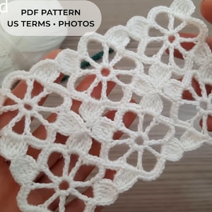 PDF-patroon gehaakt bloemmotief | Eenvoudig aan te brengen gaas met bloemen | Sjaal blousepaneel tafelloper | Foto-tutorial | Amerikaanse voorwaarden