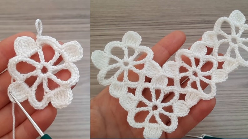 Puede incluir: Borde de encaje blanco tejido a crochet con un delicado patr&oacute;n floral. El borde est&aacute; formado por formas de flores repetidas con detalles calados.
