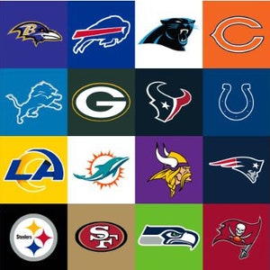 May include: A grid of 32 squares, each displaying the logo of a National Football League (NFL) team. Logos include the Arizona Cardinals' cardinal head, the Atlanta Falcons' falcon, and the Baltimore Ravens' raven.