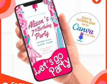May include: A pink and blue digital invitation for a 7th birthday party. The invitation features a pink flamingo, a surfboard, and the text "Alison's 7th Birthday Party". The invitation also includes the date, time, and location of the party. The text "Let's go Party" is written in a fun, playful font.