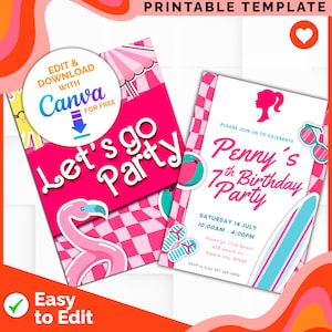 Doll party birthday invitation, pink malibu doll party, pool party, beach party,invitacion cumpleaños, printable template, hot pink party