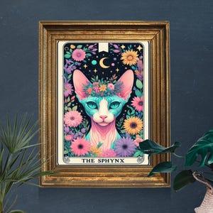 Impression d'art jeu de cartes de tarot - Poster du chat Sphynx - Art mural - Alternative - Amusant - Toutes les tailles | Chats | Sorcière | Gothique | Portrait floral d'animal de compagnie