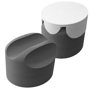 May include: Two modern, minimalist side tables. One is a dark gray, rounded shape with a curved top. The other is a similar dark gray base with a white, circular top. The tables are made of wood.