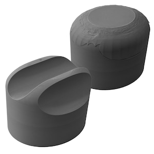 May include: Two gray, cylindrical objects. One has a curved top with a groove, the other is a rounded cylinder with a textured top. The objects are likely components of a larger item or a set.