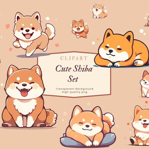 Illustrazione Kawaii Shiba Inu, Clipart di cane carino con colori piatti / Adesivi digitali, Download digitale, Uso commerciale, PNG