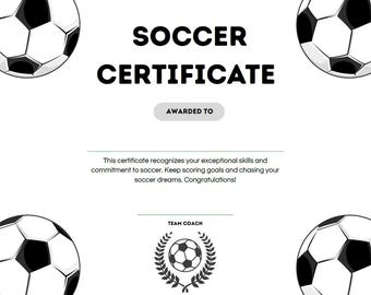 Printable Soccer Certificate | Black White Award (Digital Download)