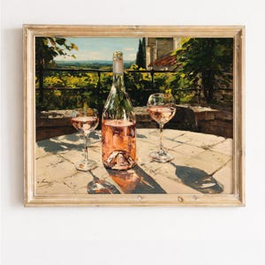 Rosé Wine Patio Scene Painting, Summer Vineyard Landscape Wall Art, Romantic Outdoor Table Decor, Cottagecore Printable Wall Art Download