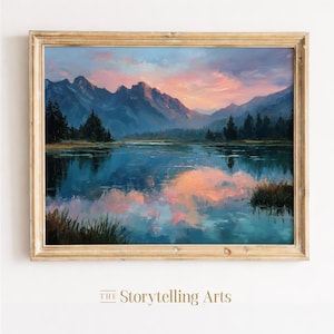 Dipinto paesaggistico con riflesso di lago di montagna, stampa artistica da parete, acqua calma, tramonto, cielo pastello, cime alpine, natura serena, arredamento rustico per baita.