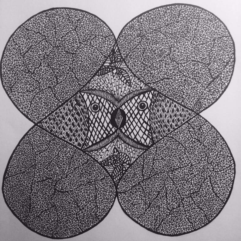 May include: A black and white abstract drawing of a stylised face with geometric patterns. The face is surrounded by four overlapping circles, each filled with a dense pattern of small lines.