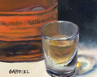 Original 6X8" Oil Painting "A Shot of Bourbon" Artwork for Home, Man Cave, or Room Decor