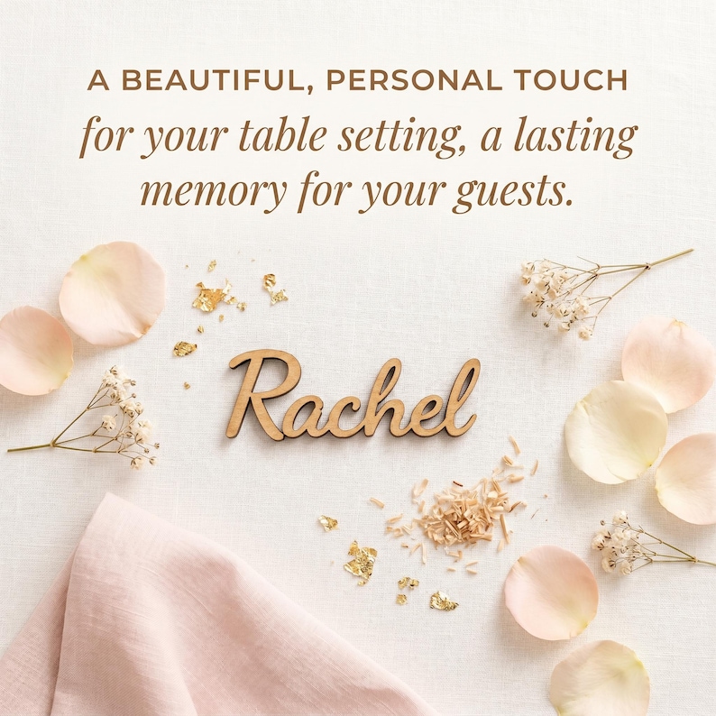 Puede incluir: Un recorte de madera con el nombre Rachel en letra cursiva, rodeado de p&eacute;talos de flores de color rosa p&aacute;lido, peque&ntilde;as ramitas de paniculata blanca y copos de pan de oro esparcidos. El texto A BEAUTIFUL, PERSONAL TOUCH for your table setting, a lasting memory for your guests. est&aacute; impreso sobre el nombre.