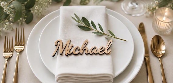 Walnut Laser cut wood place setting names, High Quality Plywood wedding, birthday, event, party, personalised wedding favour gift.