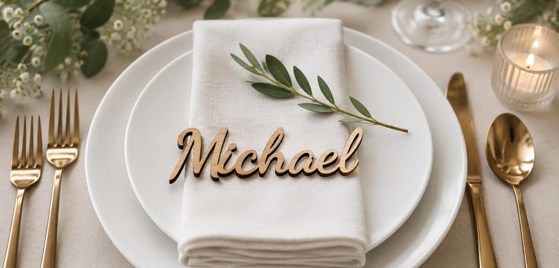 Puede incluir: Un marcador de sitio de madera cortado con l&aacute;ser que presenta el nombre Michael en una fuente cursiva, descansando sobre una servilleta de tela blanca doblada sobre un plato de cer&aacute;mica blanca, acompa&ntilde;ado de cubiertos de metal dorado y una ramita verde.