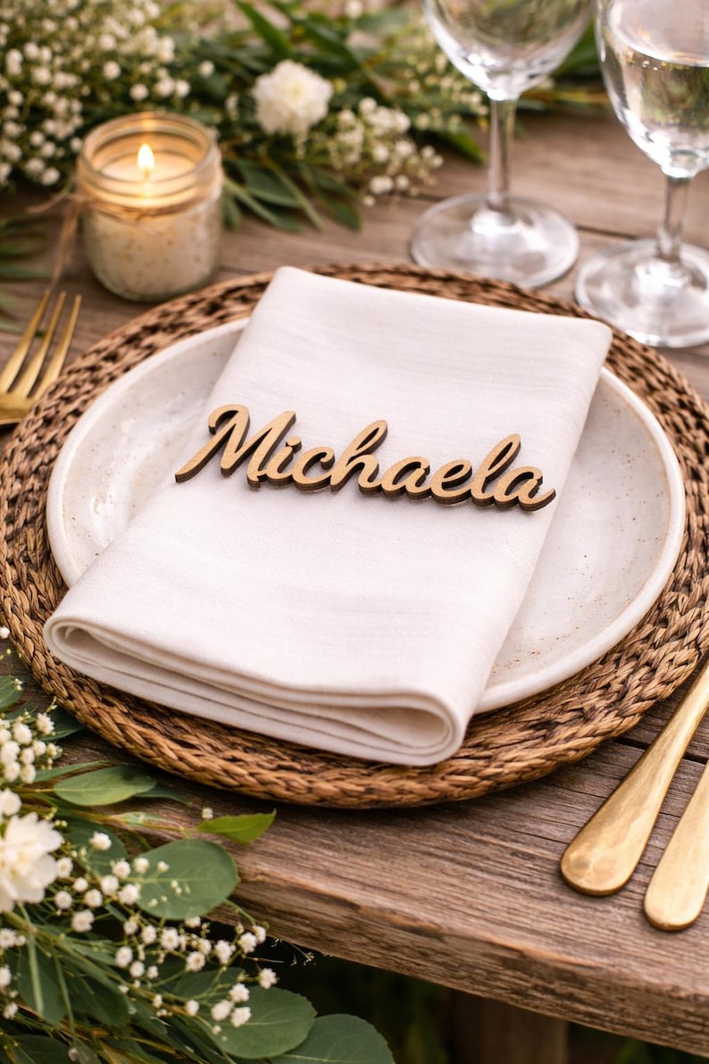Nombres para la mesa en madera de nogal cortados con láser, madera contrachapada de alta calidad para bodas, cumpleaños, eventos, fiestas y regalos personalizados para bodas. imagen 6