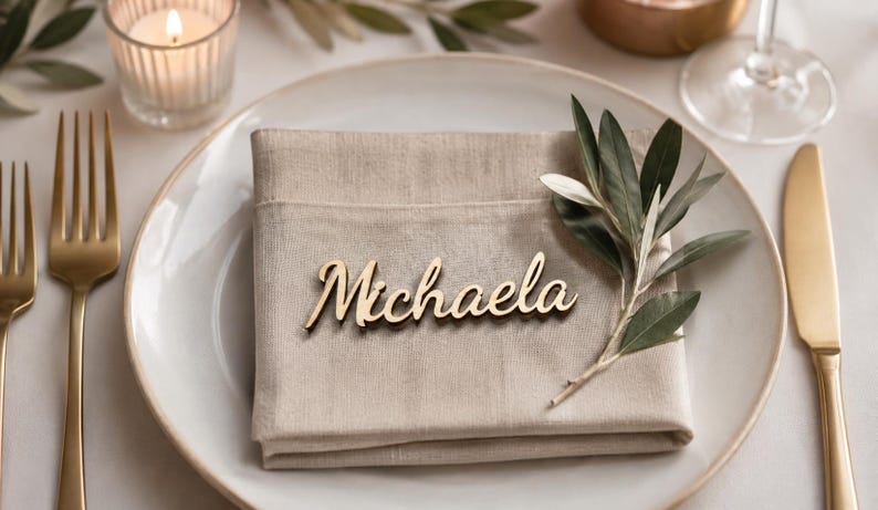 Puede incluir: Una servilleta de lino beige doblada sobre un plato de cer&aacute;mica blanca, con una etiqueta de madera con el texto en cursiva Michaela. Una peque&ntilde;a rama de olivo verde est&aacute; metida en la servilleta, acompa&ntilde;ada de tenedores y un cuchillo dorados.