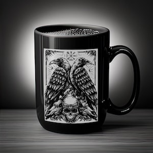 Two Crows Black Coffee Mug, 11oz | 15oz | Satan occult satanic ceramic coffee cup