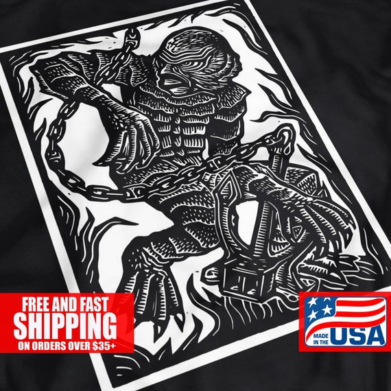 Creature Of The Black Lagoon Linotype Graphic T-shirt/Old Horror Film Shirt/Monster Tee/Halloween Tshirt/Goth Apparel