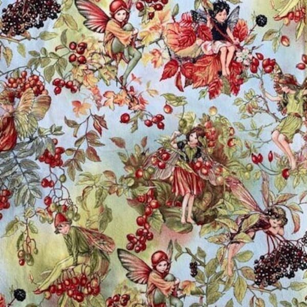 Flower Fairies Fabric by Michael Miller. Original art by Cicely Mary Barker. Autumn colorway