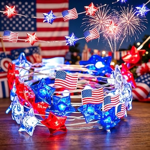 Patriotic Star & American Flag String Lights | Battery Operated LED Fairy Lights | 4th of July Independence Day Decor