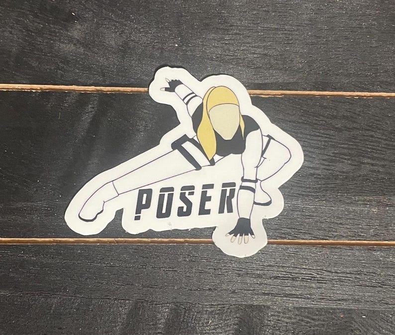 May include: A sticker featuring a stylized illustration of a person in a dynamic pose, with blonde hair and a black and white outfit. The word "POSER" is printed in bold, black letters below the figure.
