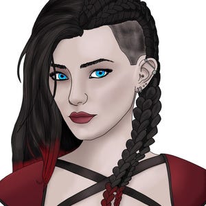 May include: Digital illustration of a woman with striking blue eyes and dark hair styled in braids and an undercut. She wears a red and black outfit with a harness design. The image has a fantasy or gothic theme.