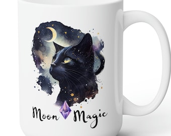 Zwarte kat mok, maan magische keramische mok, heksenmok cadeau, hekserij mok geschenken, kristallen minnaar koffiekopje, theemok voor heksen, kattenmok voor haar