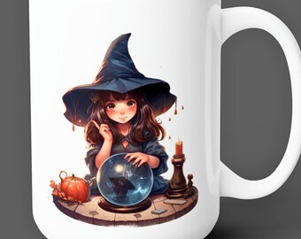 Cute Witch with Crystal Ball Mug, Ceramic Witchy Mug, Gift for Witches, Witchcraft Coffee Cup, Magic Witch Mugs, Fortune Teller Mug Gifts