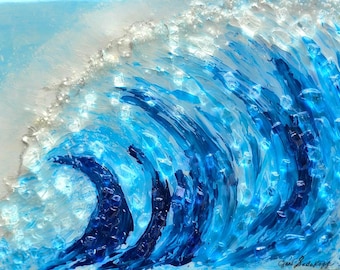 Oeuvre d'art en verre texturé Ocean Wave, décoration d'intérieur côtière de techniques mixtes
