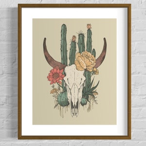 Boho Wüstenschädel Print - Botanische Kaktus & Wildblumen Wand Kunst Western Art Floral Kunst Land Zeichnung Muted Modern